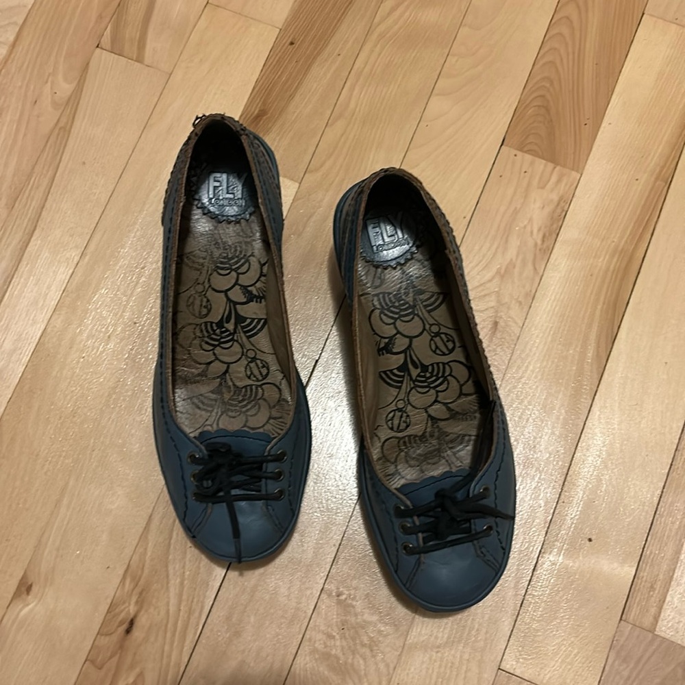 Size 38 Fly London denim blue wedge shoes